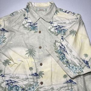 Tommy Bahama Shirt Mens Graphic Yellow Blue Silk Hawaiin Beach Palm Tree Medium
